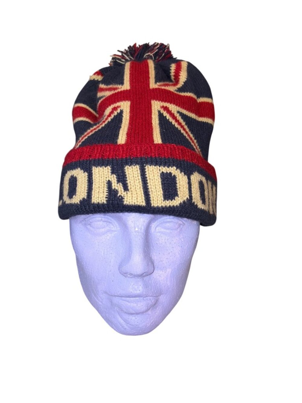 Union Jack Beanie Hat With London Text & Pom Pom – Cozy & Stylish Knit Winter Ca